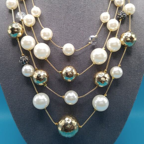 Chico's Faux Pearl Necklace, Four Strands, Gold Silver Rhinestone Beads, 20 Inch - Picture 2 of 8